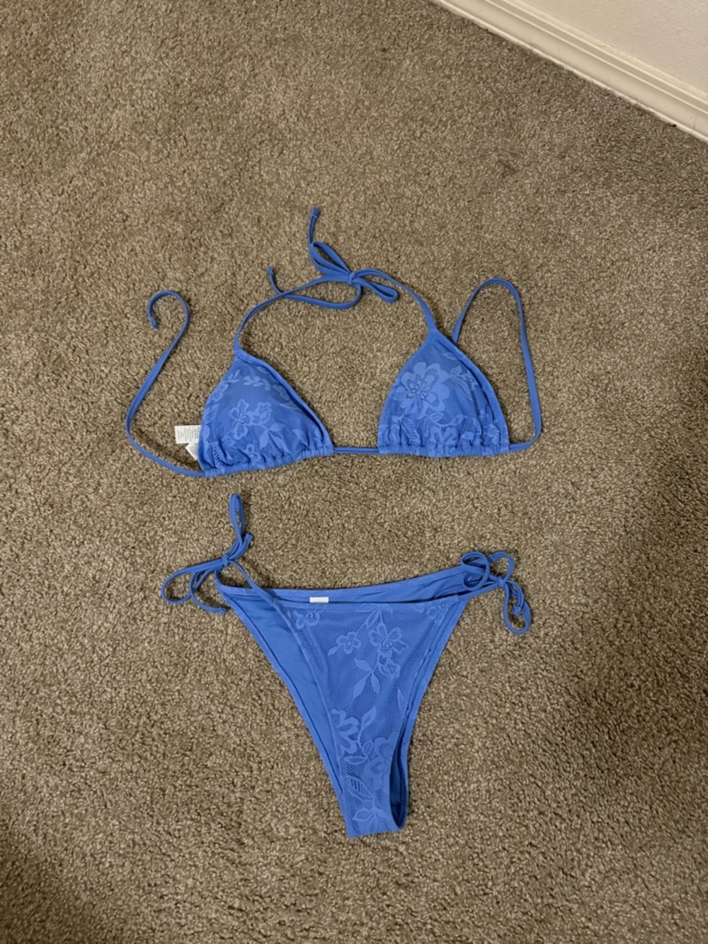 Aerie Blue Floral Lace Triangle String Bikini Set
